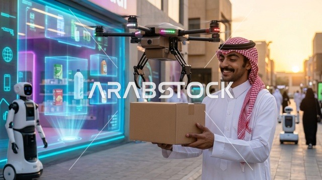 رجل سعودي يستلم طردا عبر الدرون في شارع مستقبلي