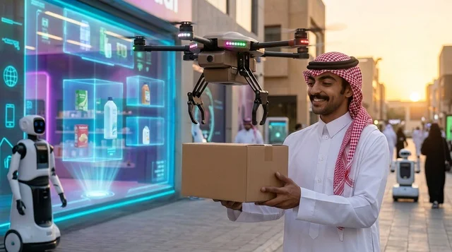 رجل سعودي يستلم طردا عبر الدرون في شارع مستقبلي
