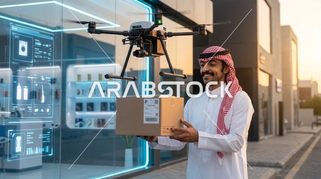 رجل سعودي يستلم طرد كرتوني من طائرة درون ذكية