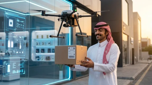 رجل سعودي يستلم طرد كرتوني من طائرة درون ذكية