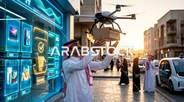 رجل سعودي يستلم طرداً من طائرة درون في الشارع