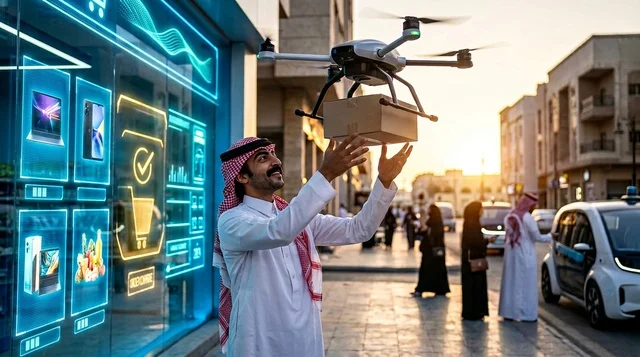 Saudi Man Receiving Drone Delivery on Modern Street