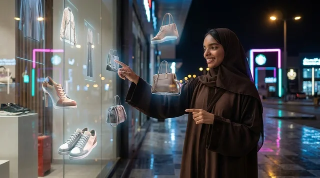 Saudi Woman Using Futuristic Hologram Shopping Display