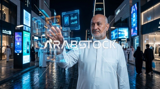 Saudi Man in Thobe Using Futuristic Hologram Interface