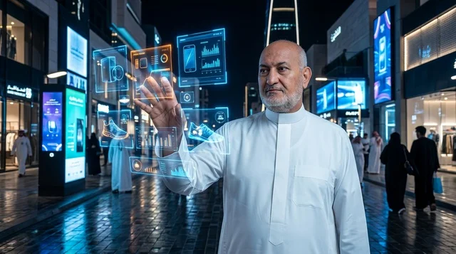 رجل سعودي بالثوب يتفاعل مع واجهة هولوغرام ذكية ليلاً