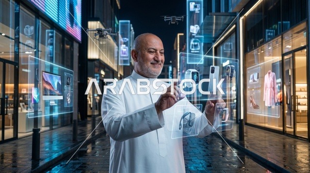 رجل سعودي بالثوب التقليدي يتفاعل مع شاشة هولوغرام ليلاً