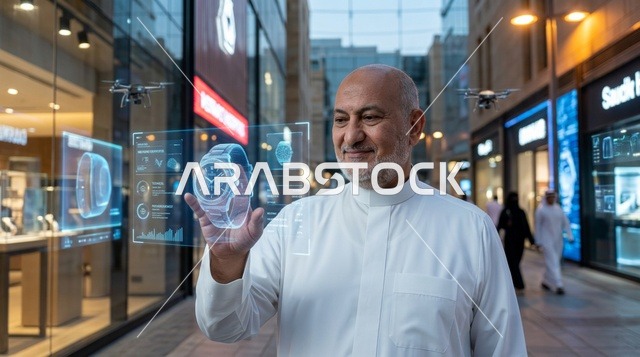 Saudi Man in Thobe Interacting with Holographic Watch