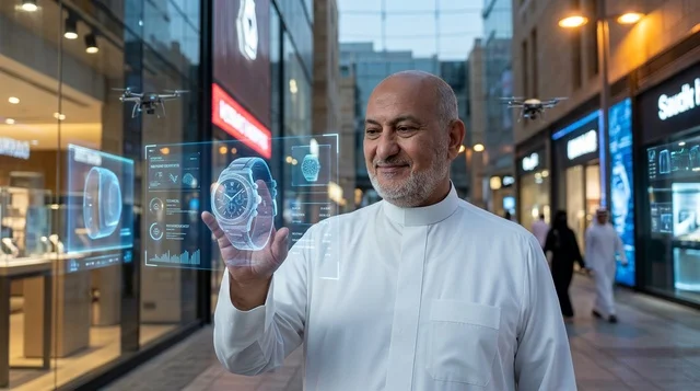 رجل سعودي بالثوب التقليدي يتفاعل مع ساعة هولوجرام ذكية