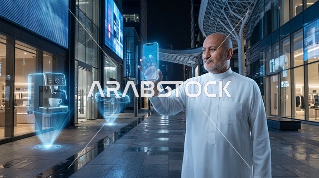 رجل عربي بالثوب يستخدم تقنية الهولوغرام ثلاثية الأبعاد