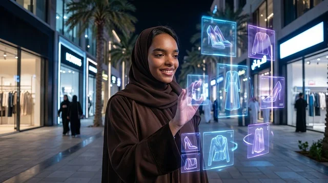 Saudi Woman Using Holographic Virtual Shopping Screen