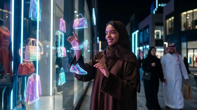 امرأة سعودية تتفاعل مع شاشة عرض هولوغرامية ليلاً