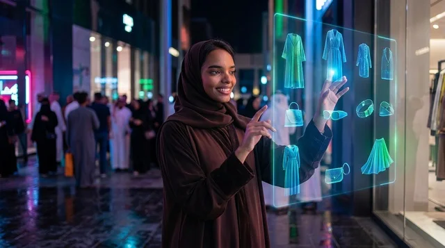 امرأة سعودية تستخدم شاشة تسوق ثلاثية الأبعاد ليلاً