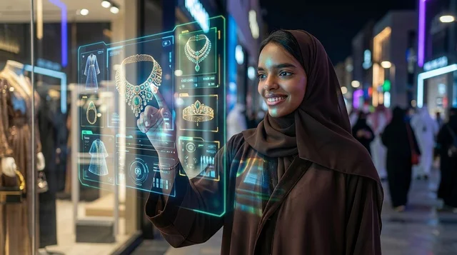 Saudi Woman Using Holographic Shopping Interface at Night