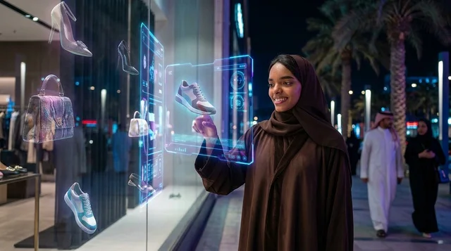 امرأة سعودية تتسوق عبر شاشة هولوغرام تفاعلية ليلاً