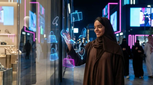 امرأة سعودية تتفاعل مع شاشة تسوق هولوجرامية ذكية ليلاً