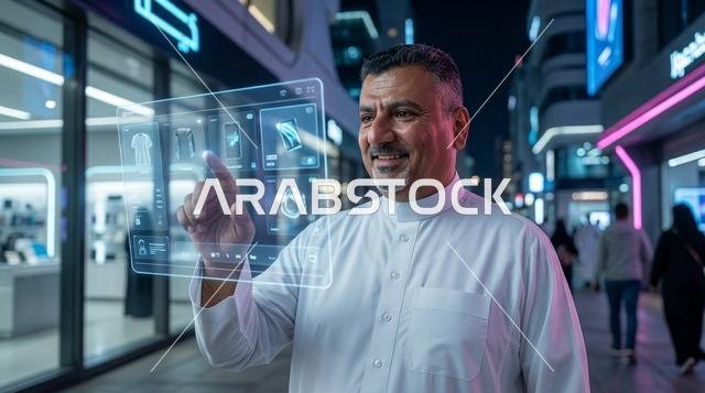 رجل سعودي يستخدم شاشة هولوجرام مستقبلية ليلاً