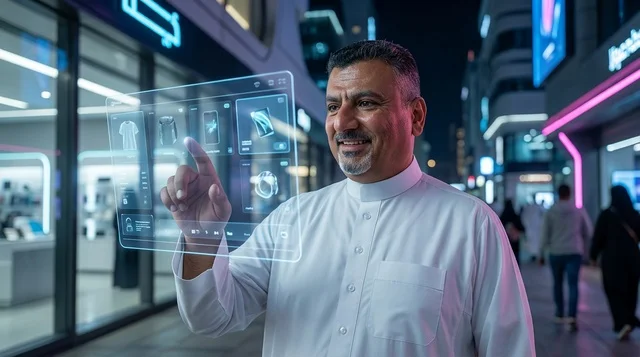 رجل سعودي يستخدم شاشة هولوجرام مستقبلية ليلاً