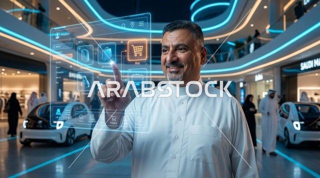 رجل سعودي بالثوب التقليدي يستخدم شاشة هولوغرام ذكية