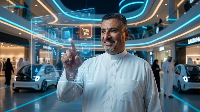 رجل سعودي بالثوب التقليدي يستخدم شاشة هولوغرام ذكية