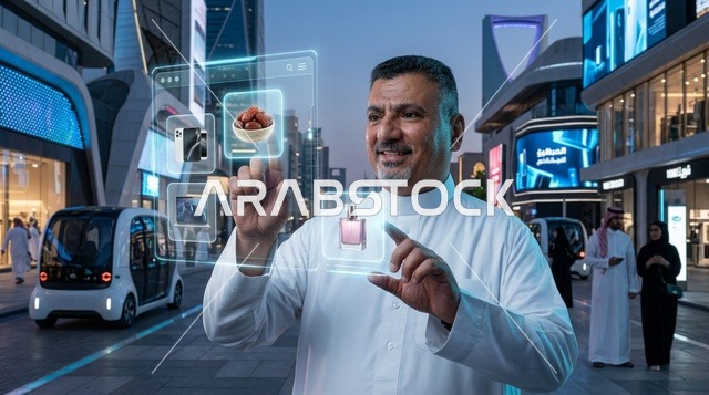 رجل سعودي يستخدم شاشة تسوق ثلاثية الأبعاد في الرياض
