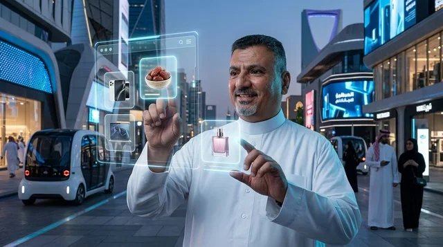Saudi Man Using Holographic Shopping Screen in Riyadh