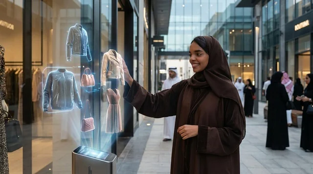 امرأة سعودية تتسوق عبر عرض هولوجرام تفاعلي في مجمع