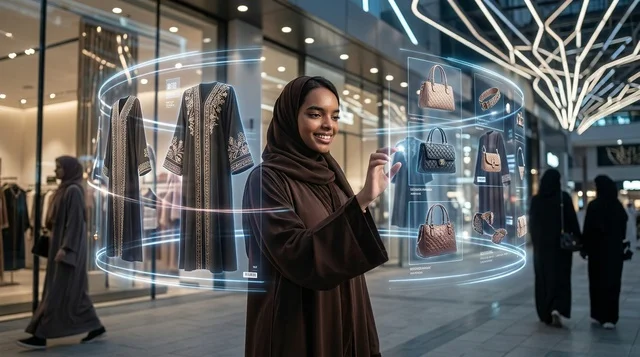 امرأة خليجية تتسوق عبر واجهة هولوغرام تفاعلية