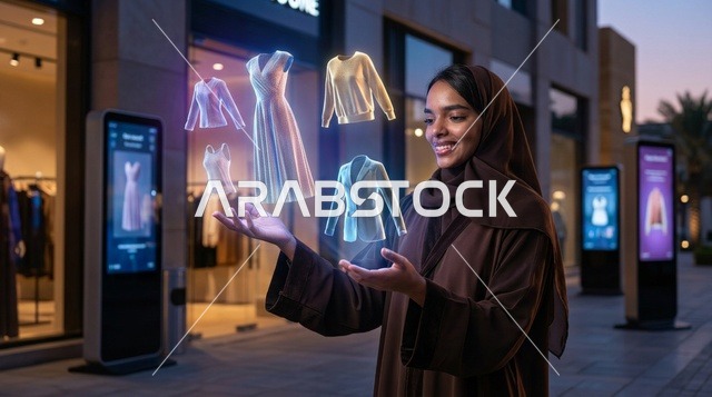 امرأة عربية بالعباءة تتسوق عبر الهولوغرام الافتراضي
