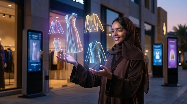 امرأة عربية بالعباءة تتسوق عبر الهولوغرام الافتراضي
