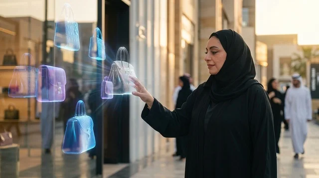 Emirati Woman Using Holographic Shopping Display in Dubai