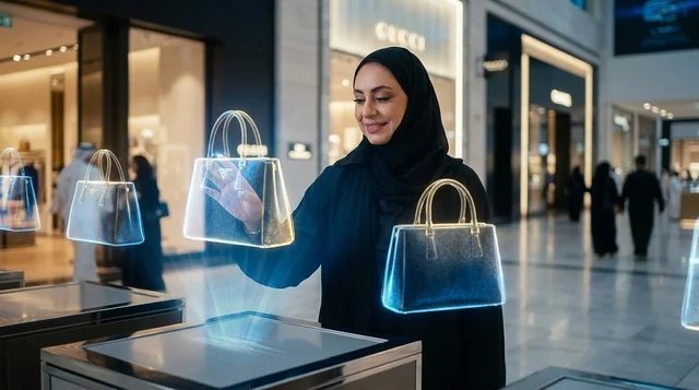 Emirati Woman Interacting with Hologram Mall Display