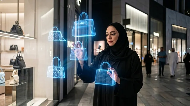 امرأة إماراتية تتسوق باستخدام تقنية الهولوغرام ليلاً