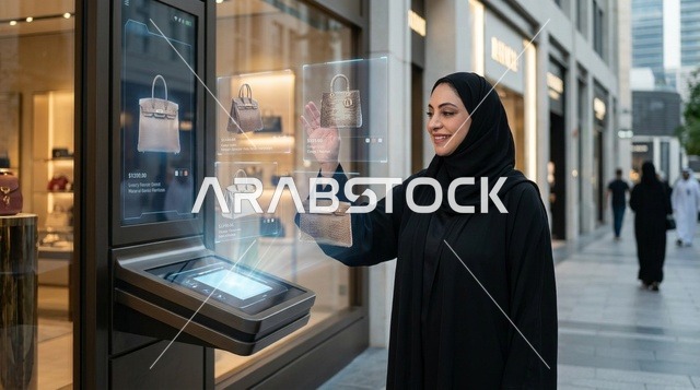 امرأة إماراتية بالعباءة تستخدم شاشة تسوق تفاعلية بدبي