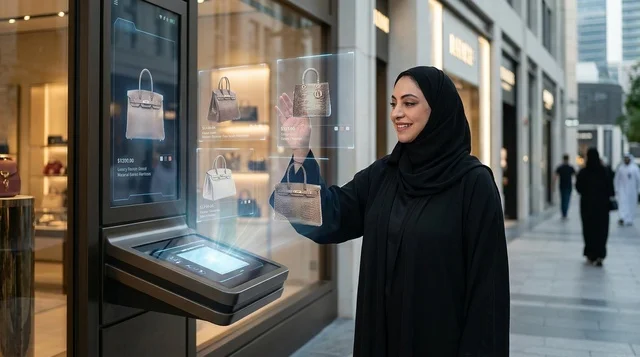 Emirati Woman Using Interactive Shopping Kiosk in Dubai