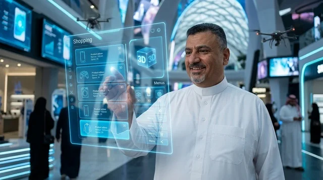 Saudi Man Using Futuristic Hologram Shopping Screen