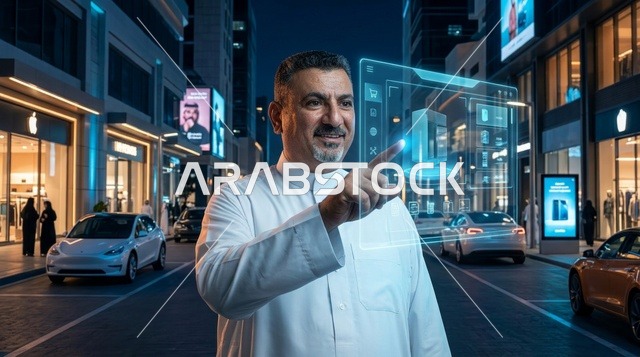 رجل سعودي يتفاعل مع شاشة هولوغرام ذكية في شارع حديث ليلاً
