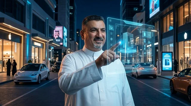 Saudi Man Interacting with Hologram Screen at Night