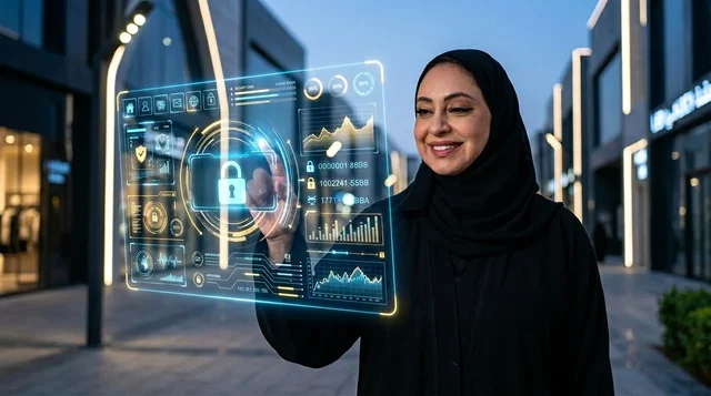 امرأة عربية ترتدي العباءة تتفاعل مع هولوغرام أمني مستقبلي