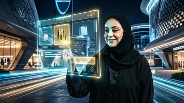 امرأة إماراتية تتسوق عبر شاشة هولوغرام ليلاً