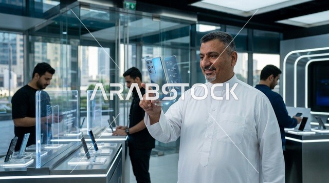 رجل سعودي بالثوب التقليدي في متجر تقني حديث