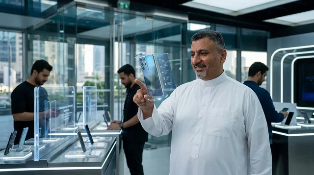 رجل سعودي بالثوب التقليدي في متجر تقني حديث