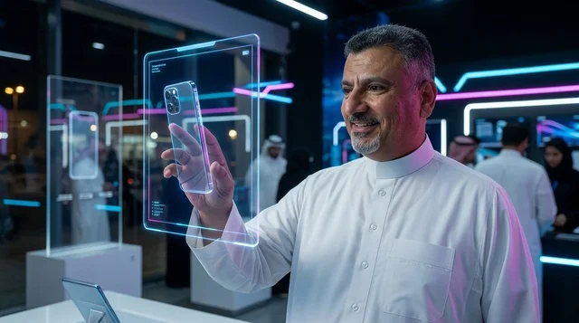 رجل سعودي يتفاعل مع شاشة هولوغرام تقنية تفاعلية