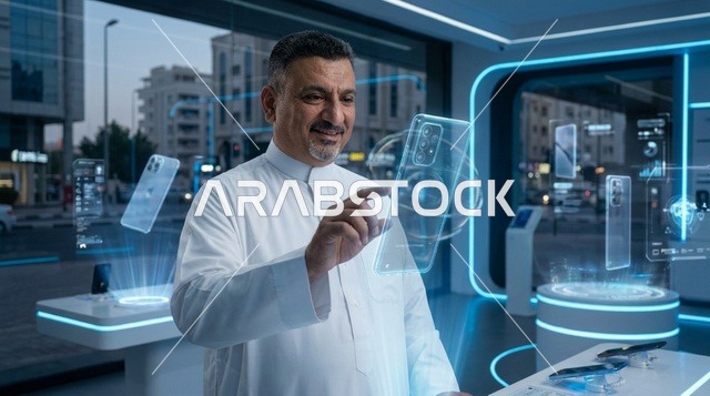 رجل سعودي يتفاعل مع شاشة هولوغرامية في متجر تقني