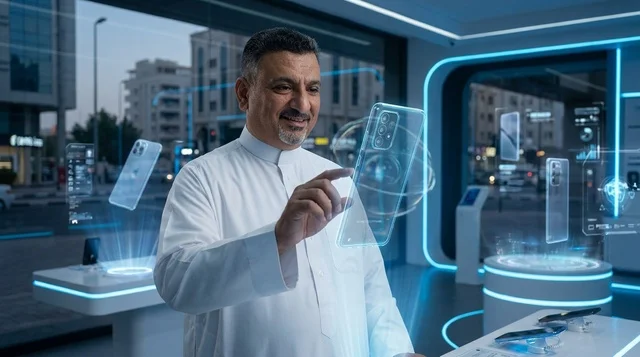 Saudi Man Interacting with Holographic Screen in Tech Store