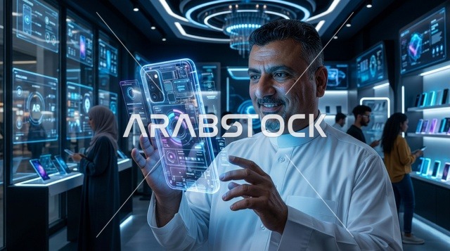 رجل سعودي يتفاعل مع هاتف هولوغرام في متجر تقني