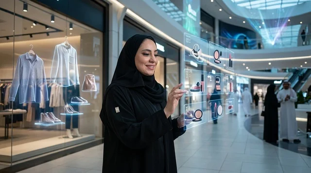 Saudi Woman Using Hologram Shopping Screen in Mall