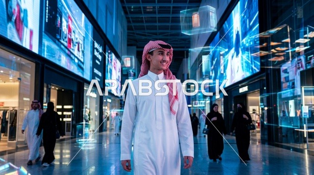 شاب سعودي بالثوب التقليدي يسير في مركز تسوق مستقبلي