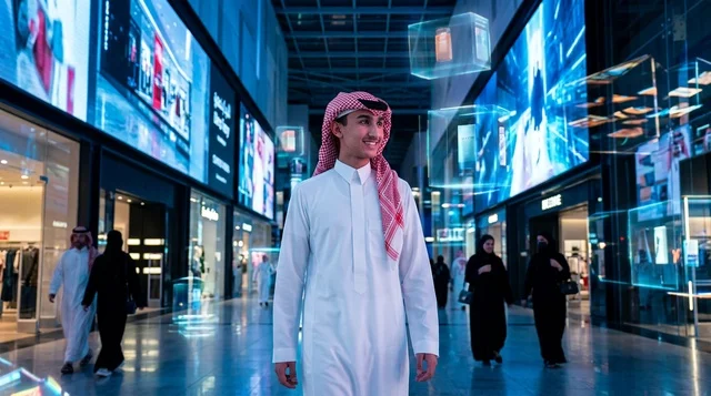 Saudi Man in Thobe Walking in Futuristic Shopping Mall