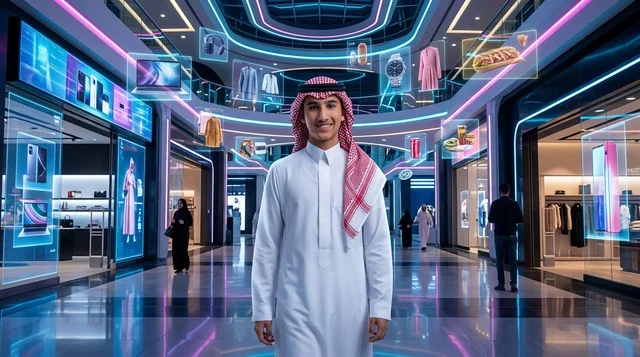 Saudi Man in Futuristic Mall with Hologram Displays