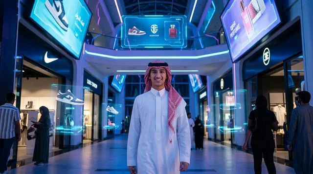 Saudi Man in Traditional Thobe in Futuristic Mall